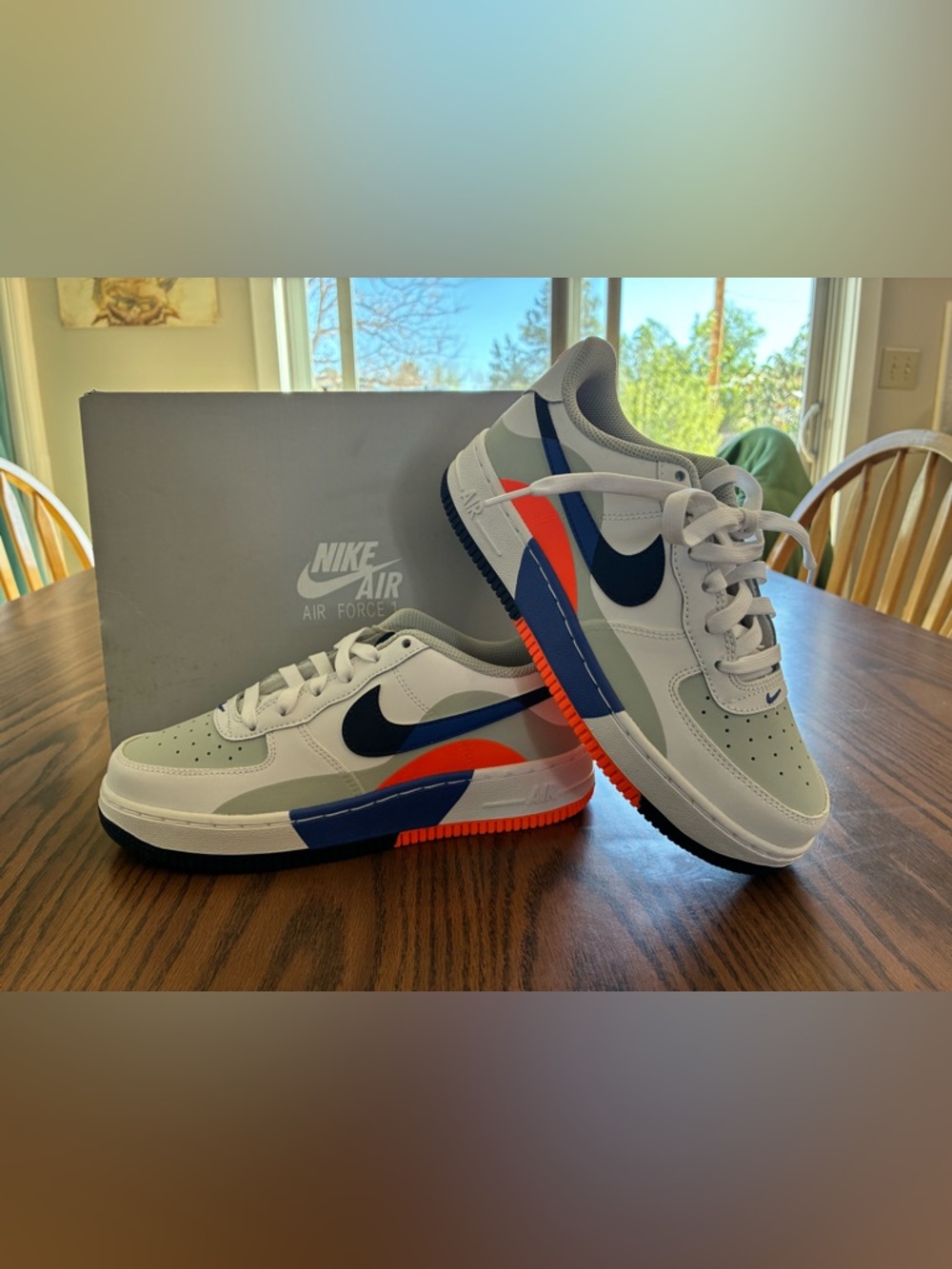 NIB Nike Air Force 1 Low-Top Sneakers in White, Navy & Orange Accent 5Y